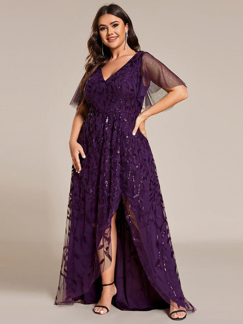 pretty ALIX|Plus Size Short Sleeves Sequin High Low V-Neck Midi Formal Evening Dress