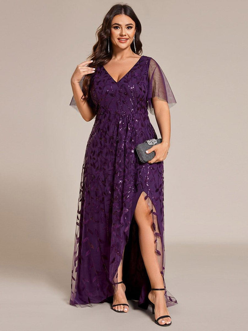 pretty ALIX|Plus Size Short Sleeves Sequin High Low V-Neck Midi Formal Evening Dress