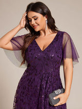 ever ALIX|Short Sleeves Sequin High Low V-Neck Midi Formal Evening Dress