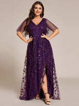 ever ALIX|Short Sleeves Sequin High Low V-Neck Midi Formal Evening Dress