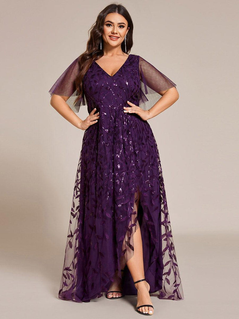 ever ALIX|Short Sleeves Sequin High Low V-Neck Midi Formal Evening Dress