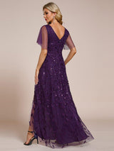 ever ALIX|Short Sleeves Sequin High Low V-Neck Midi Formal Evening Dress