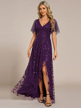 ever ALIX|Short Sleeves Sequin High Low V-Neck Midi Formal Evening Dress