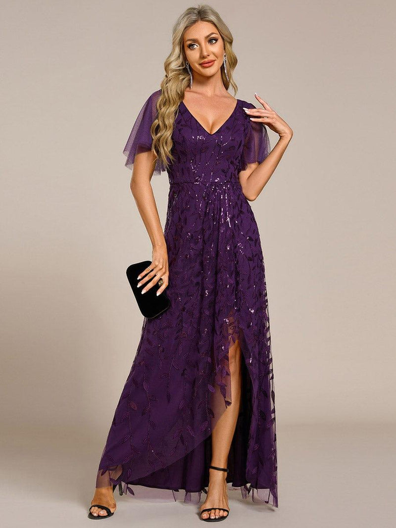 ever ALIX|Short Sleeves Sequin High Low V-Neck Midi Formal Evening Dress