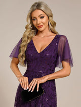 ever ALIX|Short Sleeves Sequin High Low V-Neck Midi Formal Evening Dress
