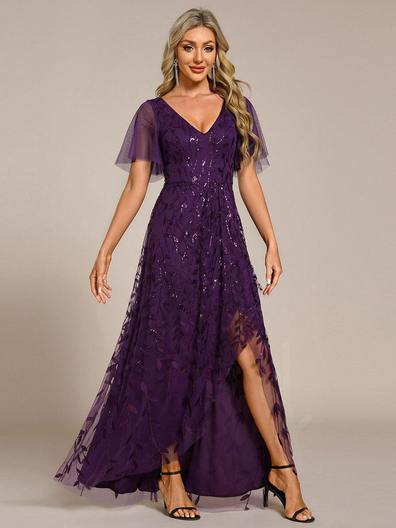 ever ALIX|Short Sleeves Sequin High Low V-Neck Midi Formal Evening Dress