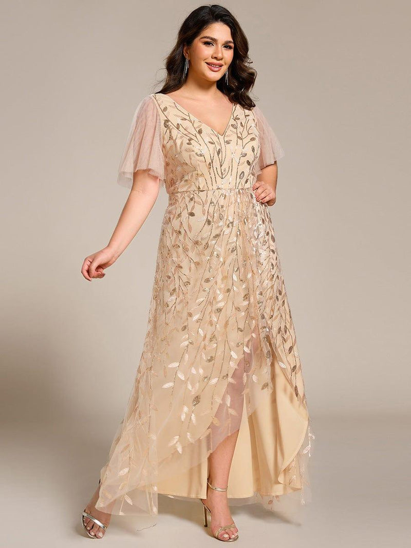 pretty ALIX|Plus Size Short Sleeves Sequin High Low V-Neck Midi Formal Evening Dress