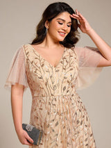 ever ALIX|Short Sleeves Sequin High Low V-Neck Midi Formal Evening Dress