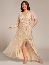 ever ALIX|Short Sleeves Sequin High Low V-Neck Midi Formal Evening Dress