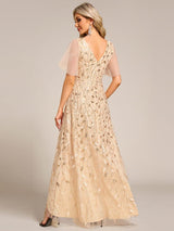 ever ALIX|Short Sleeves Sequin High Low V-Neck Midi Formal Evening Dress