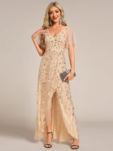 ever ALIX|Short Sleeves Sequin High Low V-Neck Midi Formal Evening Dress