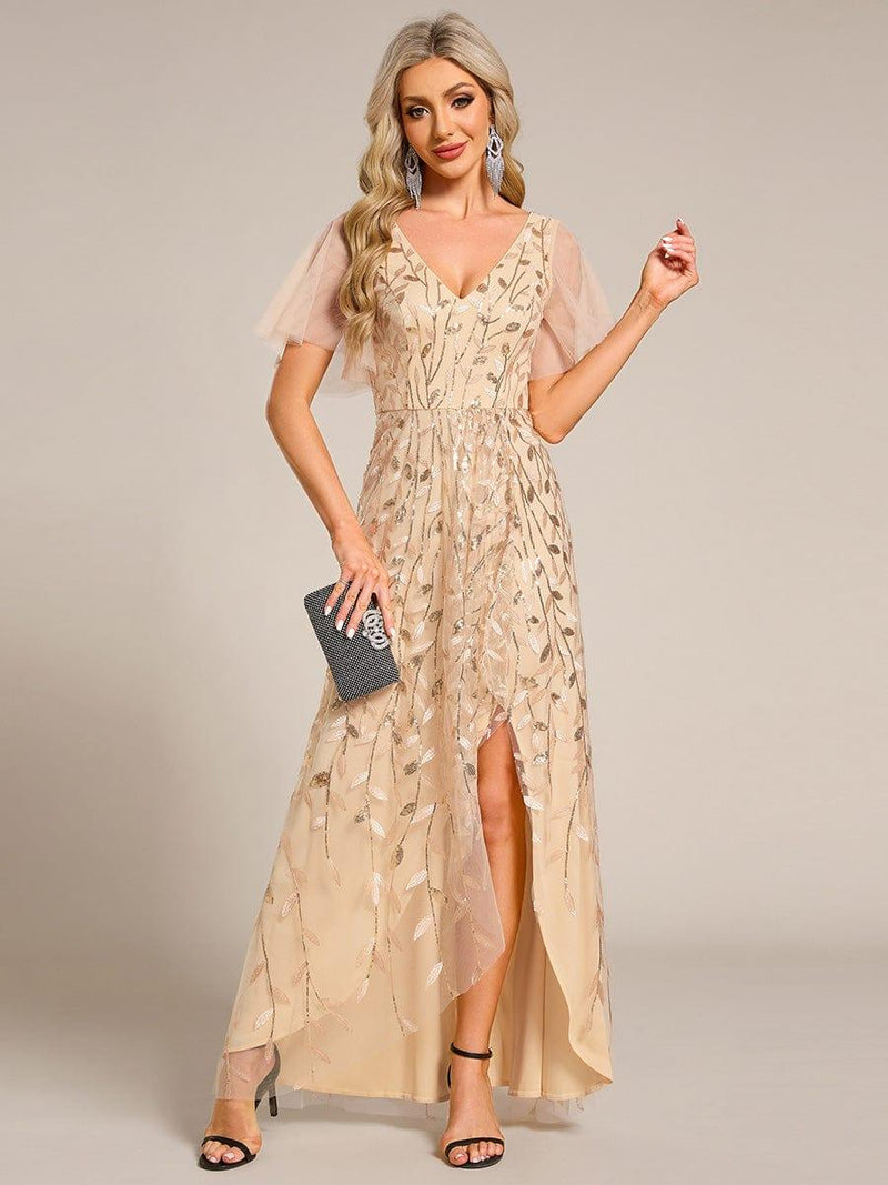 ever ALIX|Short Sleeves Sequin High Low V-Neck Midi Formal Evening Dress