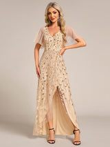 ever ALIX|Short Sleeves Sequin High Low V-Neck Midi Formal Evening Dress