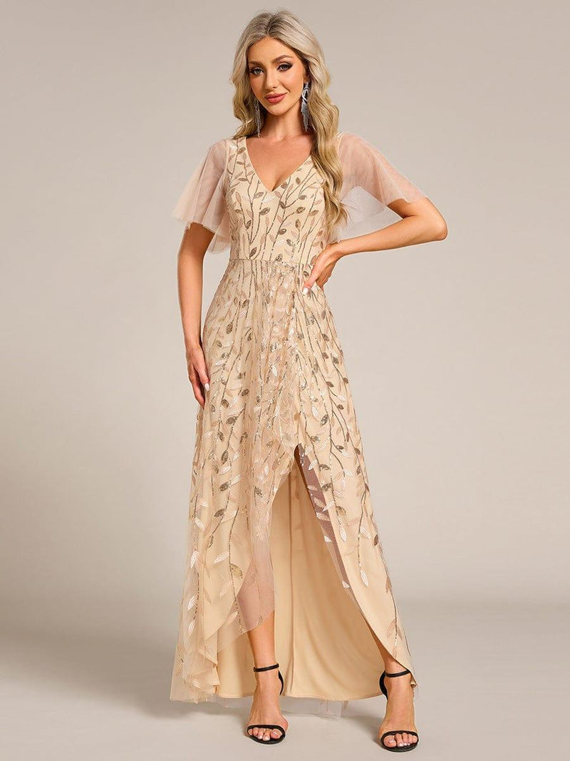 ever ALIX|Short Sleeves Sequin High Low V-Neck Midi Formal Evening Dress