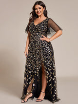 ever ALIX|Short Sleeves Sequin High Low V-Neck Midi Formal Evening Dress