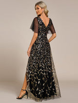 ever ALIX|Short Sleeves Sequin High Low V-Neck Midi Formal Evening Dress