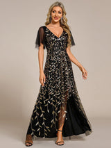 ever ALIX|Short Sleeves Sequin High Low V-Neck Midi Formal Evening Dress