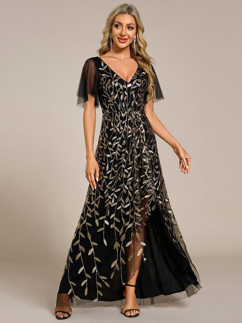 ever ALIX|Short Sleeves Sequin High Low V-Neck Midi Formal Evening Dress