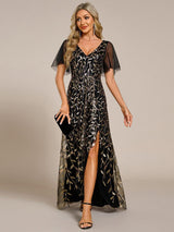 ever ALIX|Short Sleeves Sequin High Low V-Neck Midi Formal Evening Dress