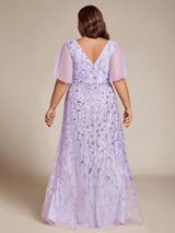 ever ALIX|Short Sleeves Sequin High Low V-Neck Midi Formal Evening Dress