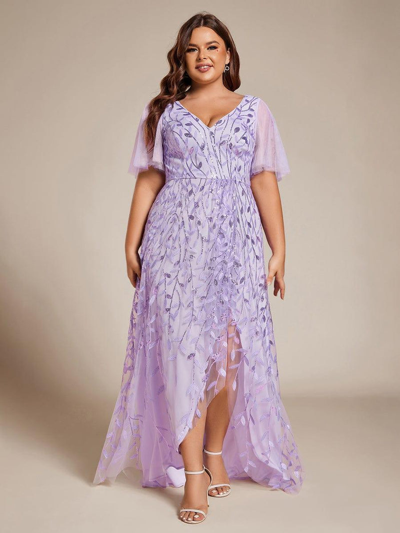 ever ALIX|Short Sleeves Sequin High Low V-Neck Midi Formal Evening Dress