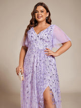 ever ALIX|Short Sleeves Sequin High Low V-Neck Midi Formal Evening Dress
