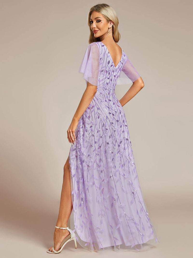 ever ALIX|Short Sleeves Sequin High Low V-Neck Midi Formal Evening Dress