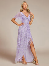 ever ALIX|Short Sleeves Sequin High Low V-Neck Midi Formal Evening Dress