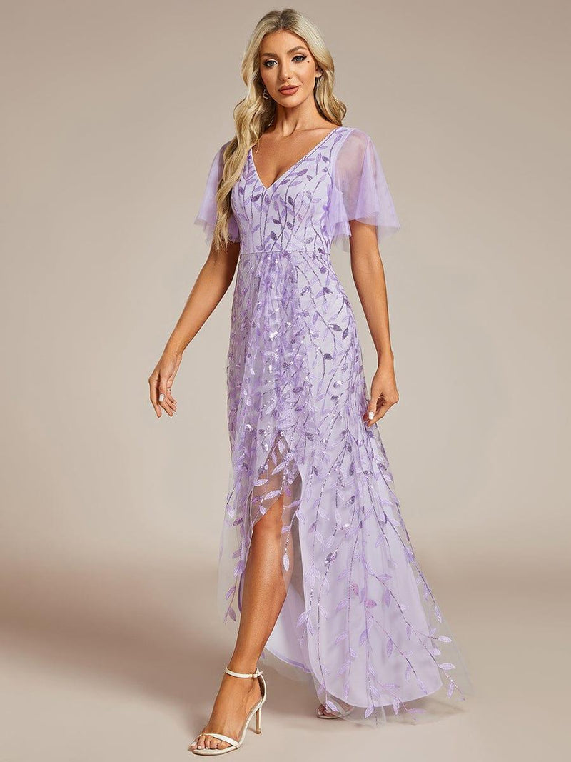 ever ALIX|Short Sleeves Sequin High Low V-Neck Midi Formal Evening Dress