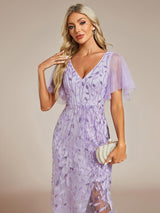 ever ALIX|Short Sleeves Sequin High Low V-Neck Midi Formal Evening Dress