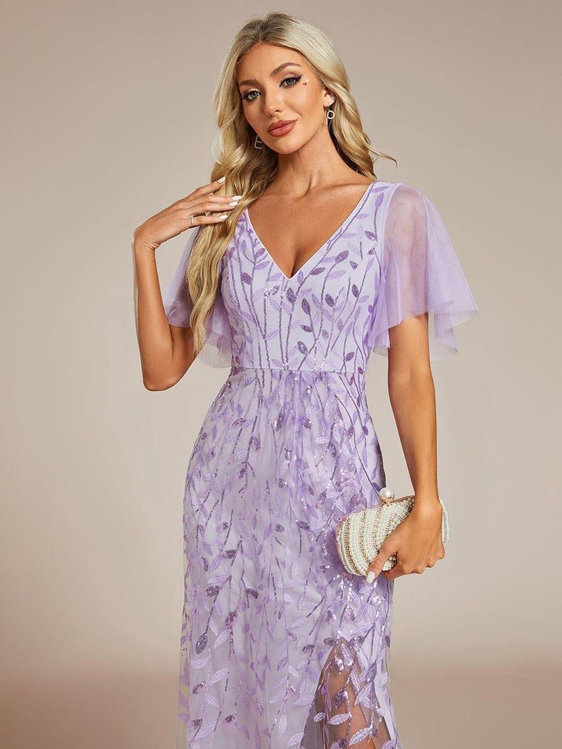 ever ALIX|Short Sleeves Sequin High Low V-Neck Midi Formal Evening Dress