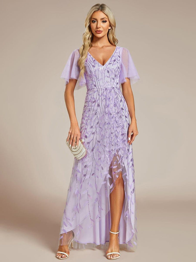 ever ALIX|Short Sleeves Sequin High Low V-Neck Midi Formal Evening Dress