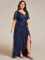 ever ALIX|Short Sleeves Sequin High Low V-Neck Midi Formal Evening Dress