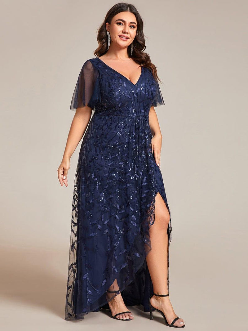 ever ALIX|Short Sleeves Sequin High Low V-Neck Midi Formal Evening Dress