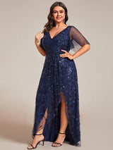 ever ALIX|Short Sleeves Sequin High Low V-Neck Midi Formal Evening Dress