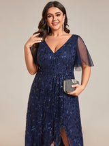 ever ALIX|Short Sleeves Sequin High Low V-Neck Midi Formal Evening Dress