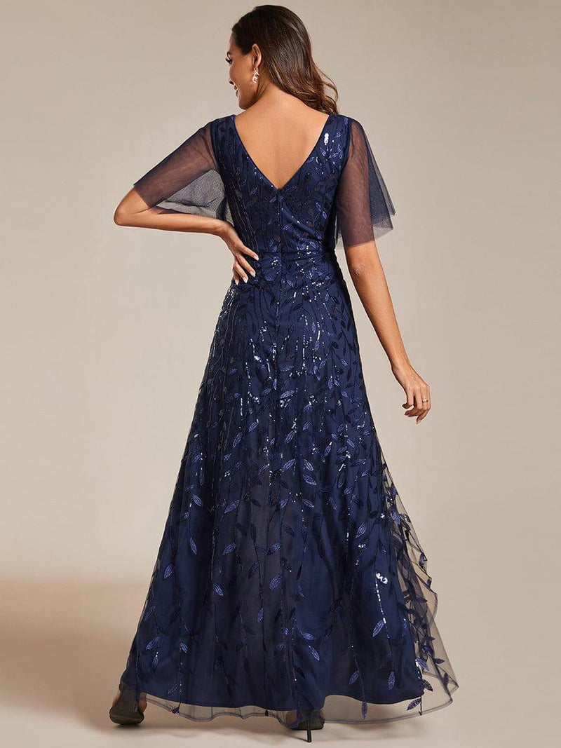 ever ALIX|Short Sleeves Sequin High Low V-Neck Midi Formal Evening Dress