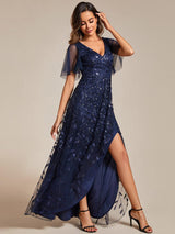 ever ALIX|Short Sleeves Sequin High Low V-Neck Midi Formal Evening Dress