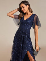 ever ALIX|Short Sleeves Sequin High Low V-Neck Midi Formal Evening Dress