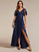 ever ALIX|Short Sleeves Sequin High Low V-Neck Midi Formal Evening Dress