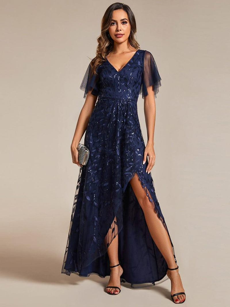 ever ALIX|Short Sleeves Sequin High Low V-Neck Midi Formal Evening Dress