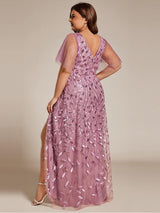 ever ALIX|Short Sleeves Sequin High Low V-Neck Midi Formal Evening Dress