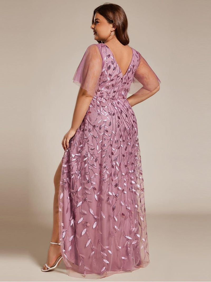 ever ALIX|Short Sleeves Sequin High Low V-Neck Midi Formal Evening Dress