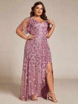 ever ALIX|Short Sleeves Sequin High Low V-Neck Midi Formal Evening Dress