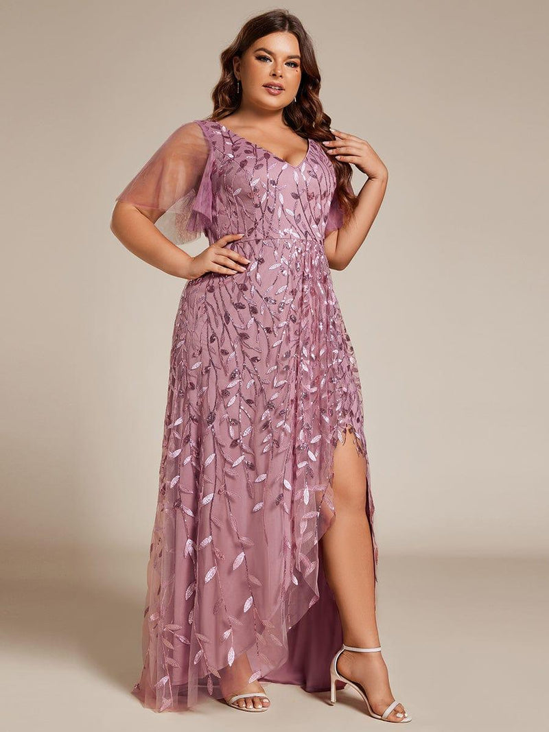 ever ALIX|Short Sleeves Sequin High Low V-Neck Midi Formal Evening Dress