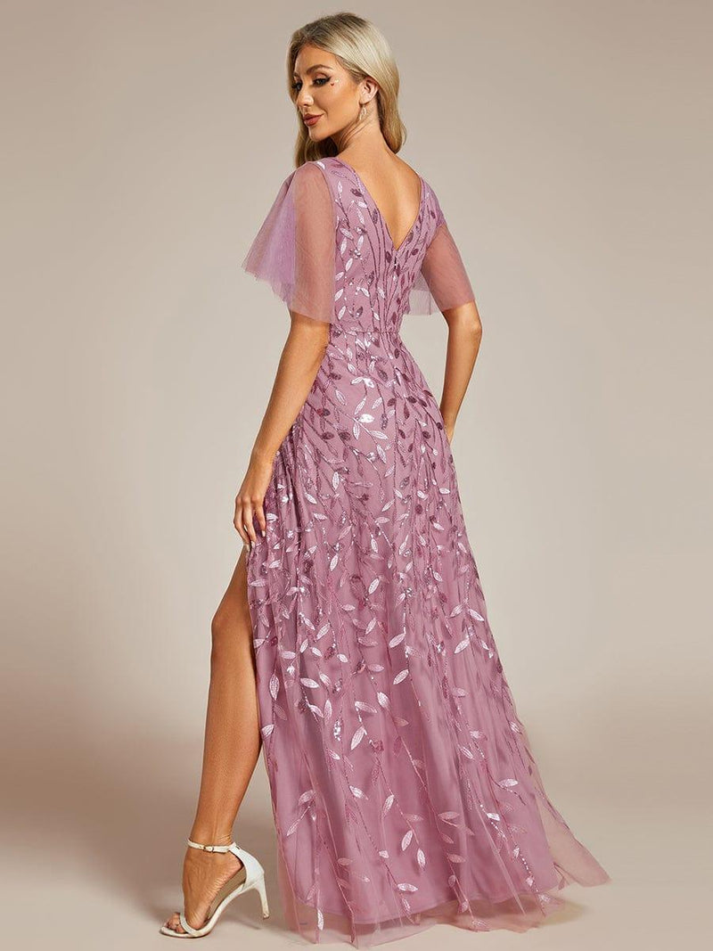 ever ALIX|Short Sleeves Sequin High Low V-Neck Midi Formal Evening Dress