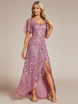 ever ALIX|Short Sleeves Sequin High Low V-Neck Midi Formal Evening Dress