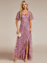 ever ALIX|Short Sleeves Sequin High Low V-Neck Midi Formal Evening Dress