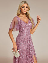 ever ALIX|Short Sleeves Sequin High Low V-Neck Midi Formal Evening Dress
