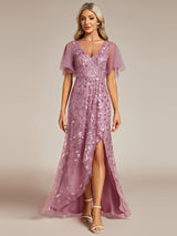 ever ALIX|Short Sleeves Sequin High Low V-Neck Midi Formal Evening Dress